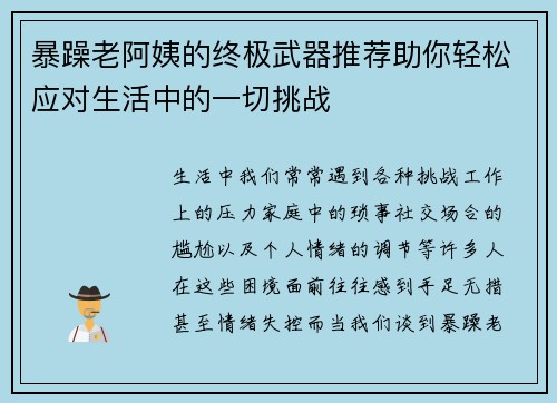 暴躁老阿姨的终极武器推荐助你轻松应对生活中的一切挑战